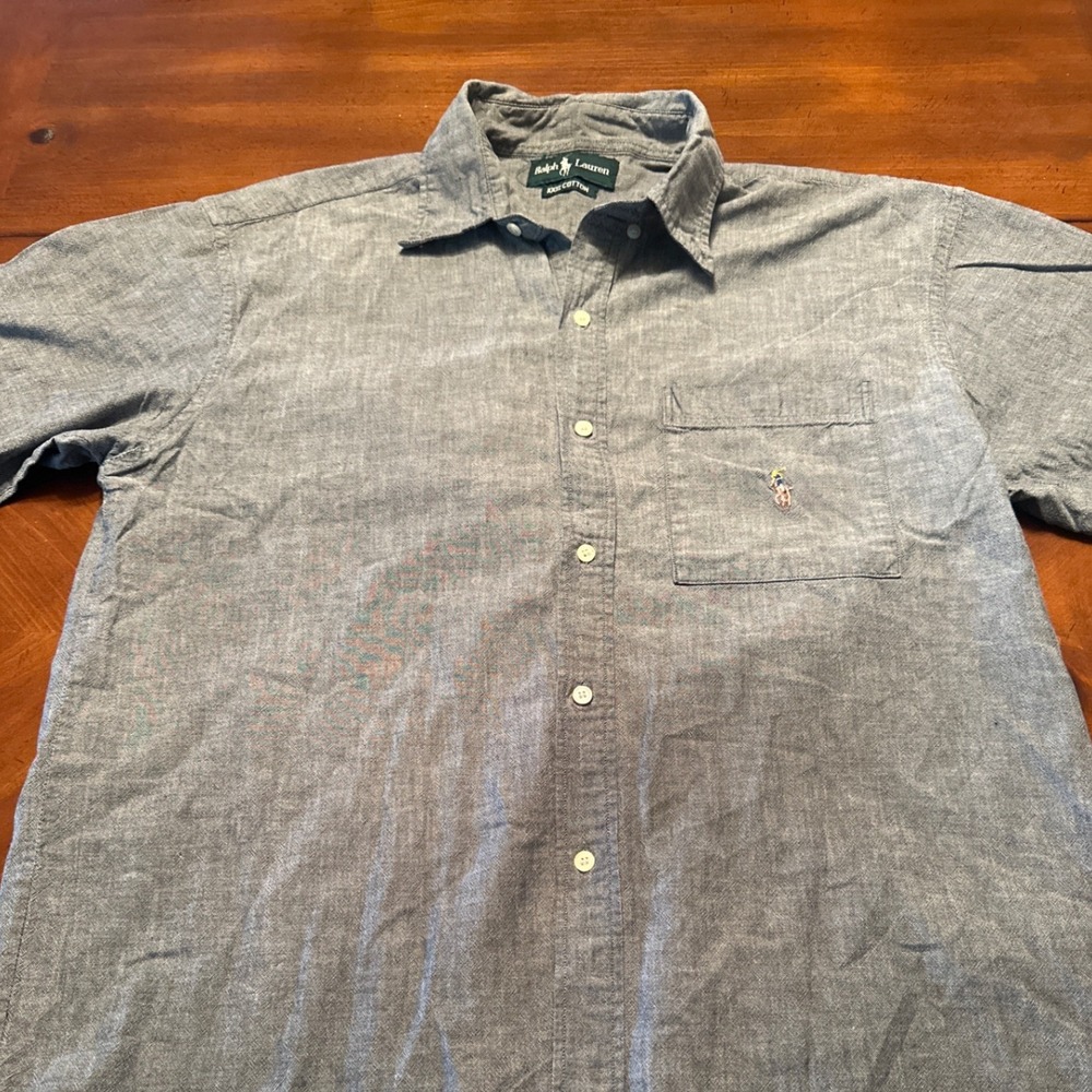 Ralph Lauren Button Down Shirt Mens L Blue Good Short Sleeve Chambray Pony Logo